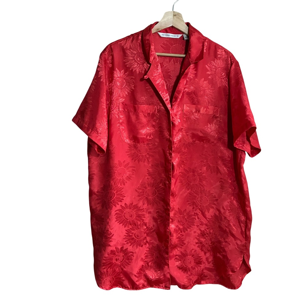 Victoria's Secret Sunflower Jacquard Pajama Top Large Red Women Satin ButtonDown